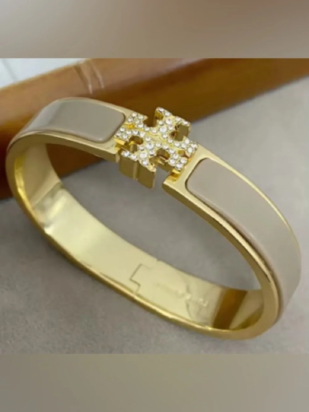 Tory Burch Gold-Tone Bracelet with Taupe Enamel and Crystal Cross